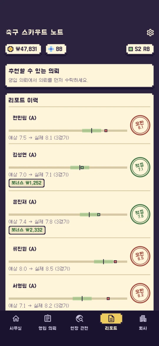 스카우트 리포트 화면 — 선수 능력치와 예상 평점, 등급